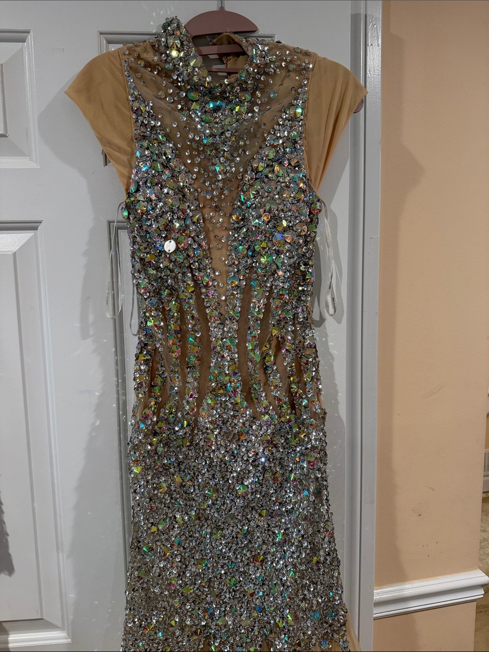 Alyce Paris Nude Illusion Maxi Gown with Iridescent Crystal Embellishments